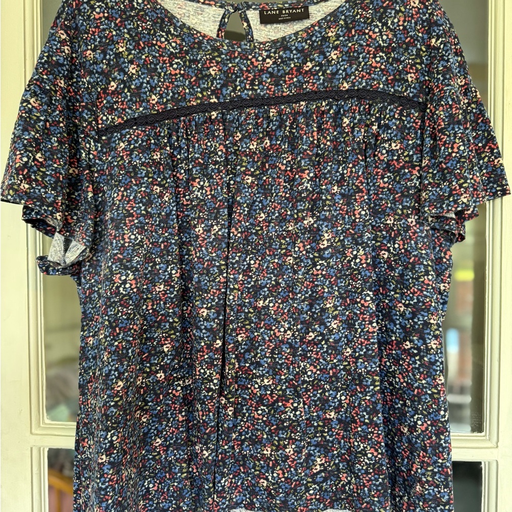Lane Bryant Blue Short Sleeve Blouse with Peter Pan Collar